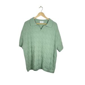 TopMan Knit Diamond Pattern Pointelle Polo in Light Green Size L